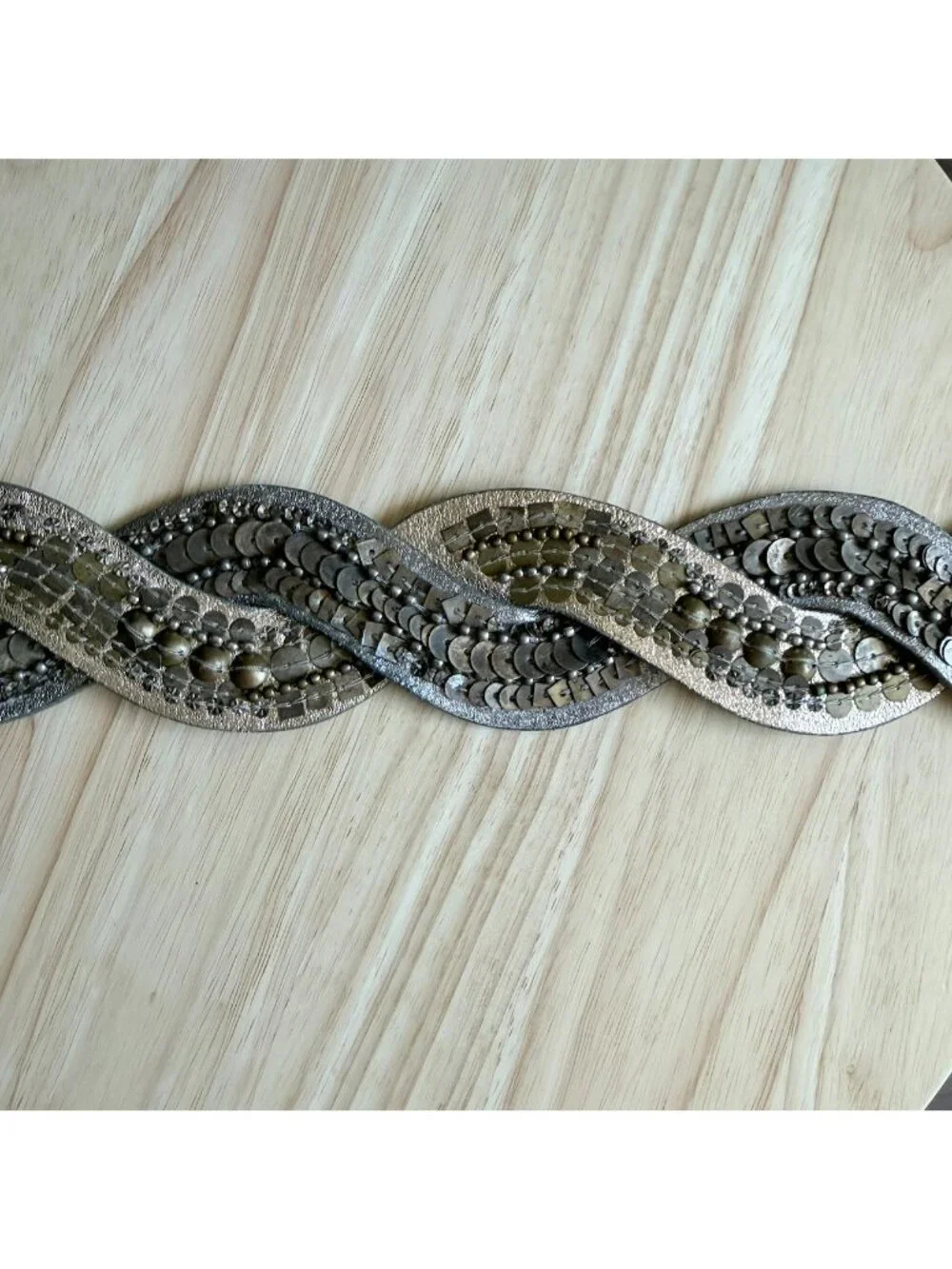 Vintage Womens Leather Belt L Fashion Braided Metallic Gold & Silver Sequins 45